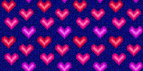 Fototapeta na wymiar Pixel hearts pattern. Valentines Day. Trendy old game style. Love. Old-fashion arcade theme. Romantic. Wedding. Passion. Amour.