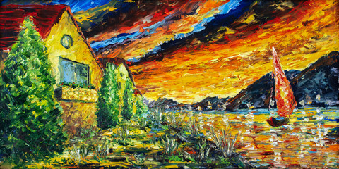 Impressionism oil painting landscape paint art Red sea ship, scarlet sails, sunset over mountains, yellow-red clouds with a palette knife