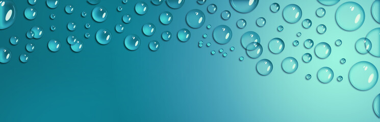 Drops of water on the blue surface are made in a realistic manner. Natural shape, shadows and highlights. Place for text