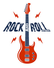 Rock and Roll emblem with electric guitar vector logo, concert festival or night club label, music theme illustration, guitar shop or t-shirt print, rock band sign with stylish typography.