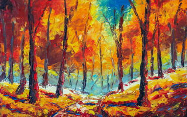Obraz na płótnie Canvas Autumn Impressionism oil painting landscape paint art. Gold orange autumn tree park alley forest wood with blue sky