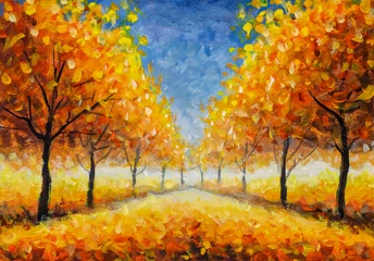 Herbst Impressionismus Ölgemälde Landschaft malen Kunst. Goldorange Herbstbaumpark-Gassenwaldholz mit blauem Himmel © weris7554