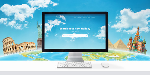 Travel destination online concept. Web site with search app and famous world sights behind the globe in the background.