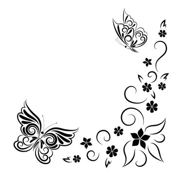 Summer stylized composition of butterflies and flowers. The image is drawn by a black line in the form of an ornament. Clipart for your design. Template. Frame. Isolated objects on white background.