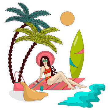Bright summer illustration: a girl in a hat and swimsuit is resting on the beach under palm trees, by the sea, there is a surfboard nearby. Vacation. Relaxation. Sunbathe. Beach. The sun. Heat.