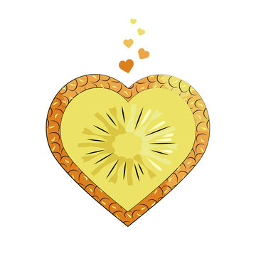 Heart-shaped pineapple slice. Bright summer design. Textile. Packaging. Isolated object on white background. Juicy fruit. Vector illustration.