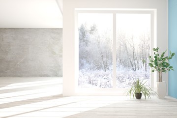 Mock up of empty room in white color with winter landscape in window. Scandinavian interior design. 3D illustration