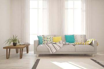 Stylish room in white color with sofa. Scandinavian interior design. 3D illustration