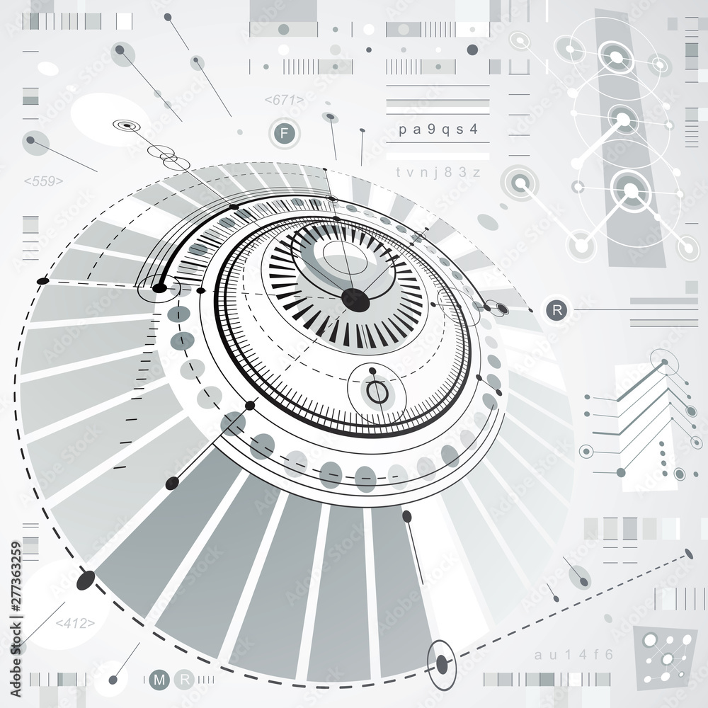 Poster dimensional abstract circular mechanical scheme, 3d technological pattern. vector industrial and eng