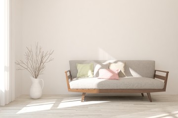 Stylish room in white color with sofa. Scandinavian interior design. 3D illustration
