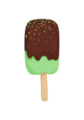 Chocolate ice cream pistachios and nuts isolated on white background. Illustration of ice cream in cartoon style. Vector