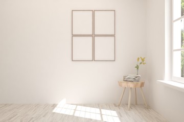 Empty room in white color. Scandinavian interior design. 3D illustration