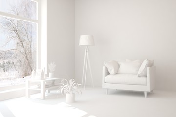 White room with armchair and winter landscape in window. Scandinavian interior design. 3D illustration
