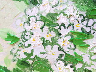 Fototapeta na wymiar Green and white texture background. Blossoming fruit trees branches.