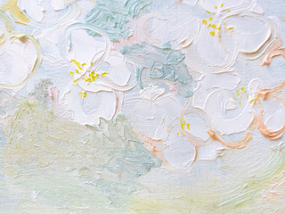 White painted apple flowers. Beige oil painting texture background.