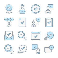 Quality, Success and Approval related blue line colored icons.