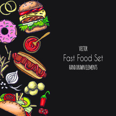 Set of hand-drawn fast food. Background with food for menu and advertising or packaging. Sketch. Vector design