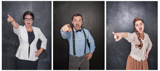 Set of angry screaming people pointing out on blackboard