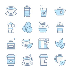 Coffee, Tea and Coffee house related blue line colored icons.