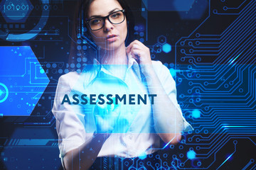 The concept of business, technology, the Internet and the network. A young entrepreneur working on a virtual screen of the future and sees the inscription: Assessment