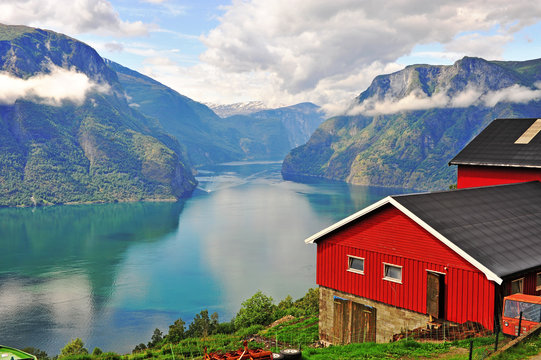 Red house over Sognefjord, Norway