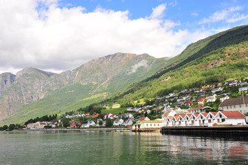 Fototapeta na wymiar Aurland small town on SOgnefjord