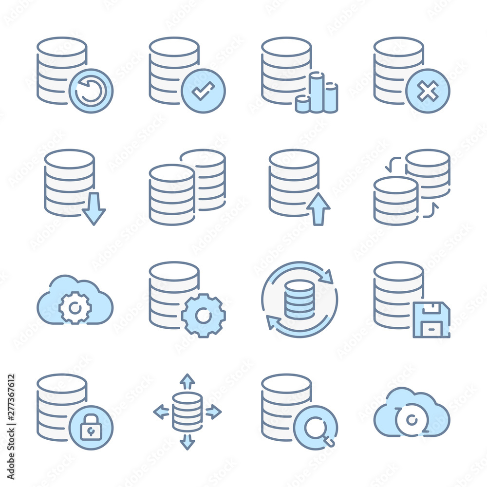 Aufkleber database, data storage and backup archive related blue line colored icons.