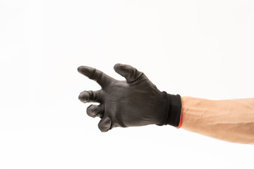 Man hand with black anti slip gloves on white background