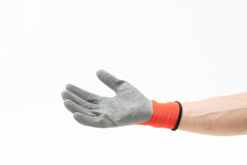 Man hand with anti slip gloves on white background