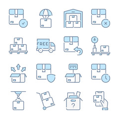 Delivery, Shipping and Distribution related blue line colored icons.