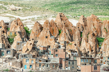 View of Iranian ancient cave troglodyte village Kandovan in East Azerbaijan. Iran. Province near Tabriz city. looks like village in Turkey