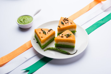 Tri-coloured / tiranga  khaman Dhokla for Independence/republic Day celebration using Indian Flag colours
