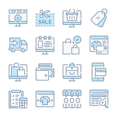 E-commerce, Online store and Shopping related blue line colored icons.