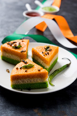 Tri-coloured / tiranga  khaman Dhokla for Independence/republic Day celebration using Indian Flag colours
