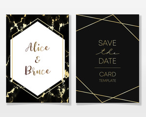 Wedding Invitation card design with golden frames and marble texture. Luxury marble with gold geometric frame design template.