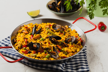 Traditional paella with mussels.