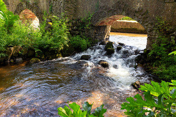 Stream flowing under a bridge on a sunny day