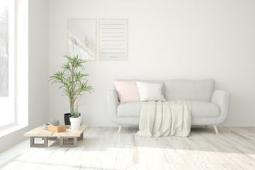 Stylish room in white color with sofa. Scandinavian interior design. 3D illustration