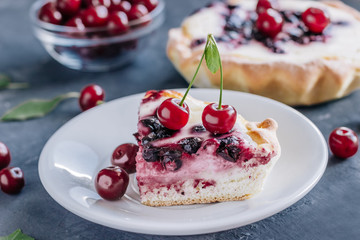 Cherry cheesecake on a plate close up. 