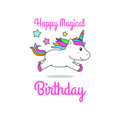 Obraz na płótnie Canvas Cartoon Happy Birthday Magical Unicorn illustration Invitation Greeting Card with fun and cute look pastel color