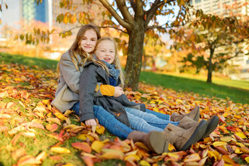 Two cute young sisters having fun on beautiful autumn day. Happy children playing in autumn park. Kids gathering yellow fall foliage.