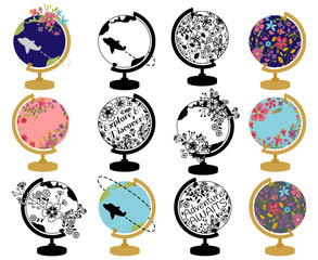 Vector Set of Vintage Globe with Retro and Floral Themes