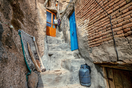 close up view on courtyard and interior of traditional Iranian ancient cave village of troglodyte in Kandovan in East Azerbaijan Province. Iran. near Tabriz city. looks like village in Turkey