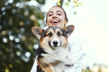 Welsh Corgi Pembroke dog and smiling happy woman together in a park outdoors. Young female in white shirt embracing, holding a her cute pet. Focus on the Corgi dog. Concept friendship with dog and