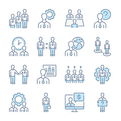 Business people, Meeting and appointment related blue line colored icons.