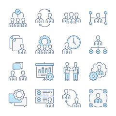 Human resources, Head hunting and Management related blue line colored icons.