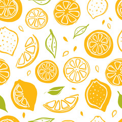 Seamless pattern with lemon. Whole, half, sliced, bitten. Hand drawn vector illustration for wrapping paper, decorative fabric, print, wallpaper, shop, menu, market, cafe, restaurant