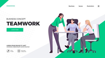 Presentation slide template or landing page website design. Business concept illustrations. Modern flat style. Teamwork concept