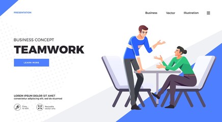 Presentation slide template or landing page website design. Business concept illustrations. Modern flat style. Teamwork concept