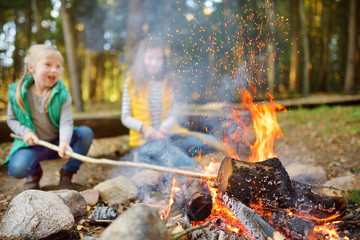 Cute young sisters roasting hotdogs on sticks at bonfire. Children having fun at camp fire. Camping...